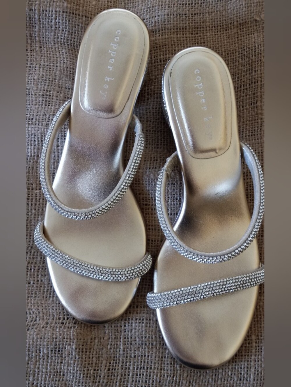 Copper Key Metallic Gold Rhinestone Double-Strap Slide Heels Size 8